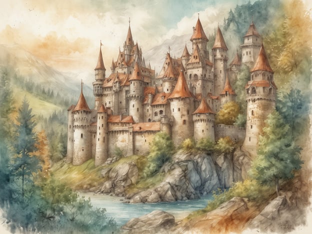 Auf dem Bild ist ein märchenhaftes Schloss zu sehen, das an die eindrucksvollen Burgen in Deutschland erinnert. Solche Burgen könnten aus den Geschichten der Brüder Grimm stammen, in denen Prinzessinnen in hohen Türmen gefangen gehalten werden oder mutige Prinzen gefährliche Abenteuer bestehen, um ihre geliebten Damen zu retten.
Man könnte sich vorstellen, dass hier ein geheimnisvoller Zauberer lebt oder dass im angrenzenden Fluss eine geheimnisvolle Nixe haust, die schöne Lieder singt. Die Wälder und Berge im Hintergrund könnten die Heimat von Fabelwesen wie Elfen oder Feen sein, die in diesen zauberhaften Erzählungen oft vorkommen. Ein solches Bild lädt dazu ein, in die Welt der Märchen einzutauchen und die Magie der alten Geschichten zu spüren.