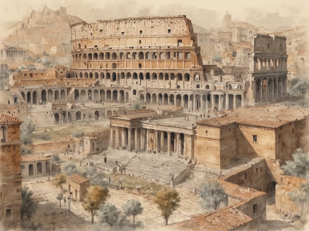 Auf dem Bild ist eine beeindruckende Darstellung des Kolosseums in Rom zu sehen, umgeben von antiken Ruinen und Gebäuden. Das Kolosseum, ein ikonisches Wahrzeichen der römischen Architektur, zeugt von der Pracht und dem Einfluss des alten Rom.
Die Szene lädt dazu ein, die Geschichte und Kultur Roms in Italien zu erleben, insbesondere die Bedeutung dieser Monumente für die römische Gesellschaft, die Gladiatorenspiele und große Veranstaltungen. Die umliegenden Strukturen erinnern an das rege Stadtleben und die architektonischen Meisterwerke der römischen Zivilisation, die bis heute faszinieren.