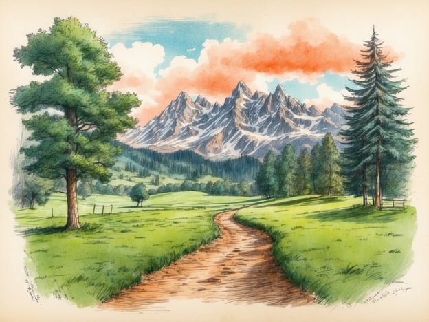 Auf dem Bild ist eine malerische Landschaft mit hohen Bergen und einem grünen Tal zu sehen. Ein Weg führt durch eine Wiese, umgeben von Bäumen und mit einem blauen Himmel, über dem einige Wolken schweben.Die Hirschgrund Zipline Area ist ein beliebter Freizeitort, der oft für Abenteueraktivitäten wie Ziplining genutzt wird. Sie befindet sich in der Nähe von malerischen Naturlandschaften und bietet die Möglichkeit, die Umgebung aus der Vogelperspektive zu erleben. Solche Anlagen sind ideal für Naturliebhaber und Abenteuerlustige, die einen adrenalinfördernden Ausblick genießen möchten.