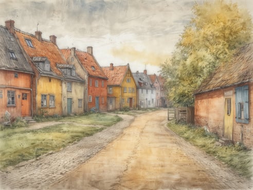 Eine malerische Straße in einem dänischen Dorf ist zu sehen, gesäumt von bunten Häusern in Gelb, Rot und Orange, mit roten Dächern. Der Weg ist gepflastert und führt sanft um die Ecke, während grasbewachsene Flächen und einige Bäume das Bild abrunden. Der Himmel zeigt sanfte, graue Wolken, die eine ruhige Atmosphäre schaffen, ideal für einen Urlaub abseits der Touristenpfade in Dänemark.