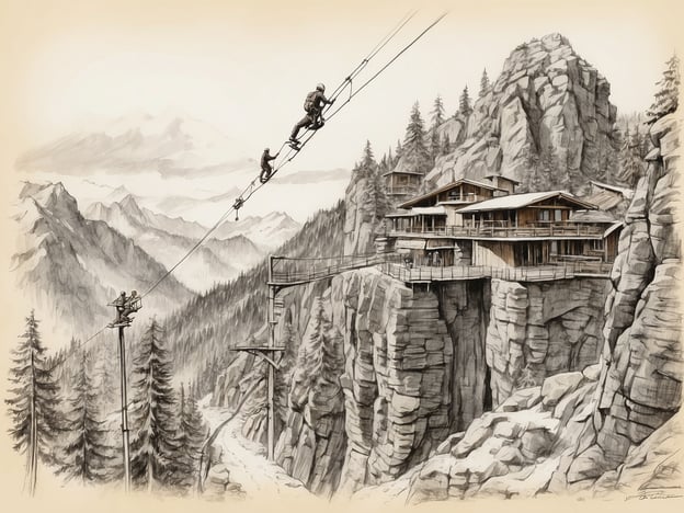 Auf dem Bild sind mehrere Ziplines zu sehen, die durch eine beeindruckende Berglandschaft führen. Die dargestellten Ziplines scheinen sich zwischen den Felsen und über einen Abgrund zu spannen.Die Besonderheiten der Ziplines könnten wie folgt beschrieben werden:1. **Landschaftliche Einbettung**: Die Ziplines sind in eine malerische Berglandschaft integriert, was das Erlebnis besonders reizvoll macht. Die Aussicht auf die umliegenden Berge und Wälder könnte ein wichtiger Aspekt für Abenteuerlustige sein.2. **Höhenunterschied**: Die Ziplines scheinen von einer hohen Plattform aus zu starten und sich über steile Abhänge zu erstrecken, was ein Gefühl von Nervenkitzel und Abenteuer bietet.3. **Architektur**: Die hölzernen Gebäude, die auf dem Bild sichtbar sind, könnten eine Unterkunft oder ein Aussichtspunkt sein, was den Zugang zu den Ziplines erleichtert und zusätzlichen Komfort für die Besucher bietet.4. **Sicherheitseinrichtungen**: An beiden Enden der Ziplines sind möglicherweise Sicherheitsmaßnahmen sichtbar, wie Haltegriffe oder Plattformen, die den Teilnehmern helfen, sicher zu starten und zu landen.Insgesamt vermittelt das Bild den Eindruck eines aufregenden Outdoor-Erlebnisses in einer atemberaubenden natürlichen Umgebung.
