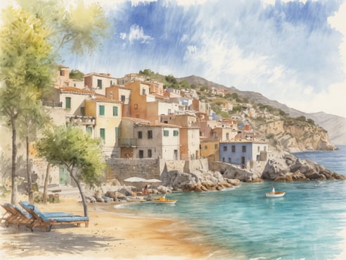 Eine malerische Küstenlandschaft mit bunten Häusern, die sanft an einem Hang angeordnet sind. Der Strand ist mit feinem, goldenen Sand bedeckt, und im Wasser sind einige kleine Boote zu sehen. In der Nähe stehen zwei blaue Liegen unter schattenspendenden Bäumen, während im Hintergrund ein Hügel mit üppiger Vegetation zu erkennen ist. Der Himmel ist blau mit einigen weißen Wolken, und die Szene strahlt eine ruhige, einladende Urlaubsatmosphäre aus.