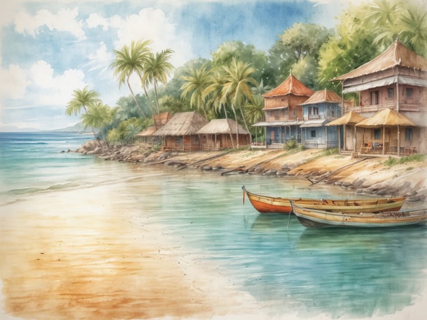 Auf dem Bild ist eine malerische Küstenlandschaft mit sanften Wellen und einem sandigen Strand zu sehen. Entlang des Wassers stehen mehrere kleine, bunte Holzhäuser mit Strohdächern, umgeben von tropischen Palmen. Im Vordergrund liegen einige kleine Boote im Wasser.Weitere empfehlenswerte Ziele, die ähnliche tropische Schönheit bieten, sind:1. **Malibü** in Indonesien – bekannt für seine atemberaubenden Strände und authentische Dörfer.2. **Maui** in Hawaii – berühmt für seine herrlichen Küsten und vielfältige Natur.3. **Phuket** in Thailand – eine Mischung aus lebhaften Stränden und entspannenden Rückzugsorten.4. **Bora Bora** in Französisch-Polynesien – ideal für entspannende Strände und luxuriöse Unterkünfte.5. **Seychellen** – bekannt für ihre unberührten Strände und beeindruckende Natur.Diese Orte bieten ähnliche entspannende Atmosphären und natürliche Schönheit.