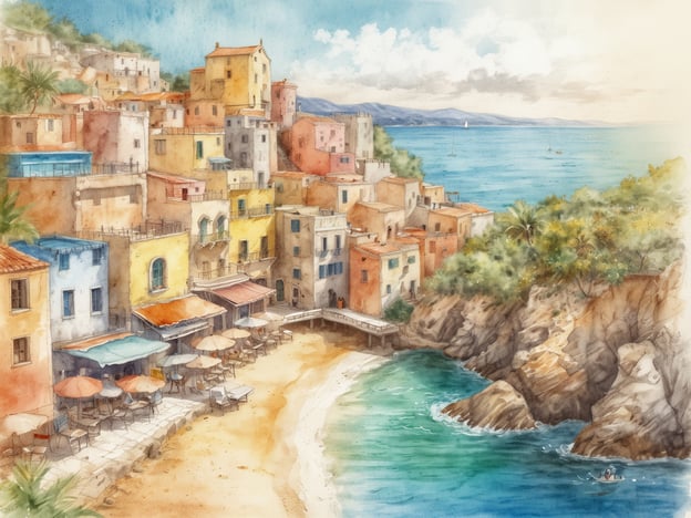 Auf dem Bild ist eine malerische Küstenlandschaft zu sehen, die an die Côte d'Azur in Südfrankreich erinnert. Es zeigt bunte Häuser, die sich an einen Hang schmiegen, mit Blick auf das azurblaue Meer. Sandstrände und kleine Terrassen mit Sonnenschirmen laden zum Verweilen ein. Die Szenerie strahlt eine entspannte Urlaubsatmosphäre aus, ideal zum Entdecken der Schönheit der Region. Im Hintergrund sind einige Boote zu sehen, die auf dem Wasser fahren, was das maritime Flair unterstreicht.