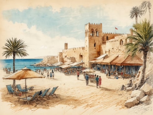 Eine malerische Küstenszene zeigt einen Sandstrand mit Liegen und Sonnenschirmen. Im Hintergrund erhebt sich eine beeindruckende historische Festung, die durch ihre Steinfassade und Türme besticht. Palmen säumen die Uferlinie, während an den Strandständen mehrere Menschen verweilen und die Umgebung genießen. Das Wasser leuchtet in verschiedenen Blautönen und der Himmel ist leicht bewölkt, was die entspannende Atmosphäre der Szenerie unterstreicht.