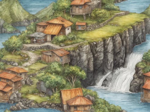 Eine idyllische Landschaft mit kleinen, rustikalen Häusern auf einer Klippe, umgeben von sattem Grün und Wasser. Die Gebäude mit orangefarbenen Dächern sind auf verschiedenen Ebenen angeordnet und scheinen harmonisch in die Natur eingebettet zu sein. Im Hintergrund sind grüne Hügel und sanfte Berge sichtbar. An der Klippe fließt ein Wasserfall in das klare blaue Wasser darunter. Die Szene strahlt eine friedliche, ländliche Atmosphäre aus und lädt zu Erkundungen auf den Azoren ein.