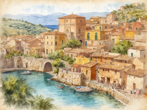 Eine malerische Küstenstadt in Sizilien mit bunten Häusern und einem charmanten Hafen. Im Vordergrund fließt ein ruhiges, türkisfarbenes Wasser, in dem einige kleine Boote schwimmen. Die steinerne Brücke verbindet die beiden Ufer und führt zu einem erhöhten Bereich mit mehreren historischen Gebäuden, darunter ein auffälliger, gelber Bau mit einem Flachdach. Die tinteartigen Farben und die sanften Übergänge vermitteln eine friedliche, nostalgische Stimmung. Im Hintergrund erheben sich sanfte Hügel, die die ländliche Schönheit Siziliens unterstreichen.