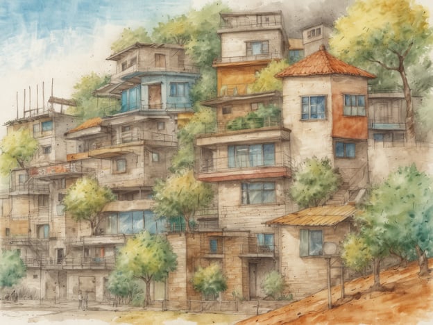 Auf dem Bild sind mehrere Gebäude zu sehen, die in mehreren Ebenen an einem Hang angeordnet sind. Die Architektur wirkt abwechslungsreich und kreativ, mit unterschiedlichen Dachformen und Fenstern. Diese Art von urbaner Gestaltung ist wichtig für nachhaltige Städte, da sie eine effiziente Nutzung des Raums fördert und gleichzeitig der Natur Raum lässt.Nachhaltige Städte zeichnen sich durch eine harmonische Verbindung von Wohnraum und Natur aus. Die Integration von Grünflächen, wie die Bäume um die Gebäude, trägt zur Verbesserung der Luftqualität und des städtischen Mikroklimas bei. Zudem fördert eine kompakte Bauweise die Nutzung öffentlicher Verkehrsmittel und reduziert die Abhängigkeit von Autos, was zur Verringerung von CO2-Emissionen beiträgt.Insgesamt spiegelt das Bild einen Ansatz wider, der sowohl das Wohlbefinden der Bewohner als auch den Schutz der Umwelt in den Vordergrund stellt.