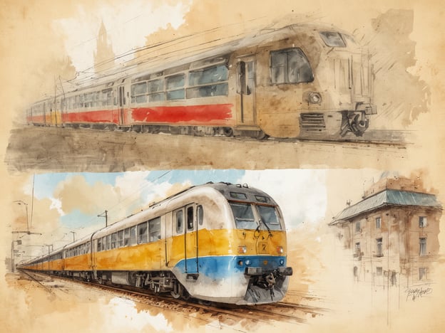 Auf dem Bild sind zwei skizzierte Züge zu sehen, die in einem aquarellierten Stil dargestellt sind. Der obere Zug ist mit rot und beige gestaltet, während der untere Zug in Gelb und Blau gehalten ist. Beide Züge scheinen moderne Personenzüge zu sein, die in Europa verbreitet sind. Im Hintergrund sind einige architektonische Elemente zu erkennen, die eine urbane Umgebung andeuten. Diese Art von Kunst könnte auf die Entwicklung des Schienenverkehrs in Europa hinweisen.
