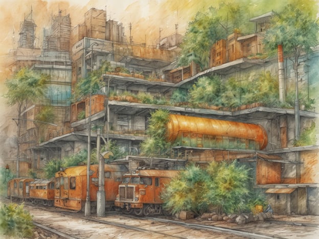 Das Bild zeigt eine künstlerische Darstellung einer urbanen Landschaft, in der verlassene Züge und eine von Pflanzen überwucherte Architektur kombiniert werden. Diese Szene lässt sich in Bezug auf Erfolgsfaktoren und Herausforderungen wie folgt analysieren:### Erfolgsfaktoren:1. **Nachhaltigkeit**: Die Integration von Natur in die städtische Umgebung zeigt einen positiven Ansatz zur Förderung der Umweltfreundlichkeit. Pflanzen tragen zur Verbesserung der Luftqualität und zur Schaffung eines angenehmen Mikroklimas bei.2. **Kreative Nutzung von Raum**: Die Darstellung der Züge und der oberen Ebenen deutet auf innovative Ansätze zur Nutzung von ehemals industriell genutztem Raum hin. Solche Projekte können zur Stadtgestaltung inspirieren und neue Lebensräume schaffen.3. **Ästhetik**: Die künstlerische Ausführung und die harmonische Farbgestaltung verleihen der Szene einen künstlerischen Reiz und könnten das Interesse für Stadtentwicklung und Architektur wecken.### Herausforderungen:1. **Erhalt der Infrastruktur**: Die Renovierung und der Erhalt solcher alten Strukturen kann kostspielig und technisch herausfordernd sein. Es erfordert viel Planung und Ressourcen.2. **Integration von Pflanzen**: Während die Begrünung vielerorts Vorteile bringt, können invasive Pflanzenarten oder die unsachgemäße Pflege zu Problemen führen, die das Ökosystem schädigen.3. **Soziale Akzeptanz**: Die Umwandlung von alten Industriegebieten in neue Nutzungen muss von der lokalen Bevölkerung akzeptiert werden. Es braucht Zeit und Engagement, um die Gemeinschaft in den Veränderungsprozess einzubeziehen.Insgesamt verkörpert das Bild eine Vision von urbaner Transformation, die sowohl Chancen als auch Herausforderungen mit sich bringt.