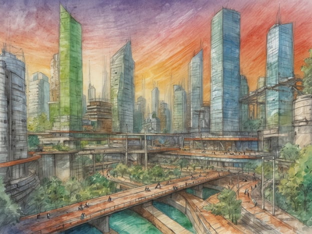 Auf dem Bild ist eine futuristische Stadtlandschaft zu sehen, die von modernen, hoch aufragenden Gebäuden und durchlässigen, grünen Flächen geprägt ist. Die Architektur wirkt innovativ mit einer harmonischen Integration von Natur in den urbanen Raum, wie beispielsweise durch vertikale Gärten und Grünflächen. Die Verkehrsinfrastruktur scheint eine Mischung aus Straßen und eventuell schwebenden Wegen zu sein, die ein hohes Maß an Erreichbarkeit und Mobilität ermöglichen.Zukünftige Entwicklungen könnten in Richtung nachhaltiger Architektur und smarter Städte gehen, wobei Technologien wie erneuerbare Energien und intelligente Verkehrssysteme integriert werden. Zudem könnte die Verstärkung von Grünflächen in urbanen Gebieten dazu beitragen, das Stadtklima zu verbessern und Lebensqualität zu erhöhen. Solche Konzepte fördern nicht nur die Umweltfreundlichkeit, sondern auch das Wohlbefinden der Bewohner.