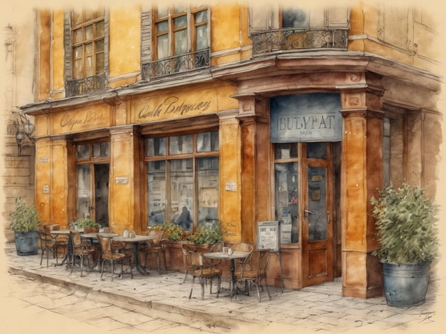 Auf dem Bild ist ein malerisches Café mit einem einladenden Außenbereich zu sehen. Die Fassade ist in warmen Gelbtönen gehalten und es gibt einige Tische und Stühle im Freien, die perfekt für eine entspannte Kaffeepause sind. Die Fenster sind groß und einladend, und es gibt Pflanzen in Töpfen, die dem Ort einen lebendigen Charakter verleihen.
Kaffeekultur ist in Budapest sehr beliebt und es gibt viele historische Kaffeehäuser, die sowohl Einheimische als auch Touristen anziehen. Orte wie das Café Gerbeaud oder das New York Café sind berühmt für ihre Atmosphäre und köstlichen Kaffeespezialitäten.