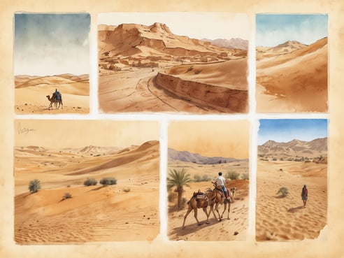 Sechs Szenen aus der Wüste, die die atemberaubende Landschaft Marokkos zeigen. Oben links ein Reiter auf einem Kamel, umgeben von sanften Sanddünen unter einem klaren Himmel. Oben rechts sieht man eine bergige Einfahrt, die durch die Wüste führt. In der Mitte unten erstrecken sich weite, hügelige Sandlandschaften mit einigen grünen Palmen. Unten links sind weitere Sanddünen und kleine Pflanzen zu sehen. Unten rechts reiten zwei Kamelreiter in den Sonnenuntergang, während jemand allein durch den Sand wandert. Die warmen Farben und die Darstellung der Wüstenlandschaft vermitteln ein Gefühl von Ruhe und Abenteuer.