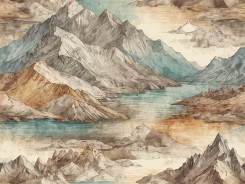 Eine malerische Wasserfarbdarstellung von Bergen und einem See, die die majestätische Schönheit der österreichischen Alpen einfängt. Die Berge sind in verschiedenen Brauntönen und Grauschattierungen gehalten, während der See in sanften Blau- und Türkistönen dargestellt ist. Einige Berge sind schneebedeckt, was die alpine Landschaft betont. Der Himmel ist in warmen Gelbtönen gehalten, die eine friedliche Atmosphäre schaffen. Diese Szenerie vermittelt ein Gefühl von Ruhe und Naturverbundenheit, ideal für Berg- und Kulturerlebnisse in Österreich.