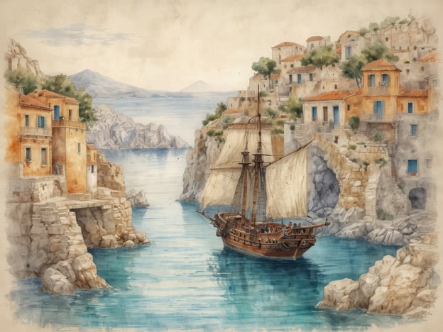 Auf dem Bild sehen wir ein malerisches Küstendorf, das von sanften Hügeln umgeben ist, mit charakteristischen Häusern, die an den Felsen kleben. In der Mitte thront ein traditionelles Segelschiff, das über die glitzernden Wellen der Ägäis gleitet. Die sanften Farben und die harmonische Komposition vermitteln ein Gefühl von Frieden und zeitloser Schönheit.
Tauchen wir ein in die Geschichte der Ägäis: Diese Gewässer haben seit der Antike eine zentrale Rolle gespielt. Sie waren Schauplatz für den Aufstieg der Minoischen Zivilisation auf Kreta und der mykenischen Kultur auf dem griechischen Festland. Die Ägäis war nicht nur ein Handelsweg, sondern auch ein Ort des Austauschs von Ideen und Kulturen. Schiffe wie das abgebildete waren einst die Lebensader der Küstendörfer, die Waren und Menschen transportierten und die Gründung von Kolonien auf den vielen Inseln der Region ermöglichten. Die Häfen waren geschäftige Zentren, in denen das Leben pulsierte und Geschichten erzählt wurden, die die Vergangenheit bis in die Gegenwart weiterleben lassen.