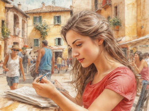 Eine junge Frau sitzt an einem Tisch in einem malerischen italienischen Dorf und konzentriert sich auf das Zeichnen in ihrem Skizzenbuch. Sie trägt ein rotes Oberteil und hat lange, leicht gewellte Haare. Im Hintergrund sind zahlreiche Passanten zu sehen, die die warmen, sonnigen Gassen des Dorfes erkunden. Die Gebäude sind in warmen Gelbtönen gehalten und weisen grüne Fensterläden auf, während einige Passanten in entspannter Urlaubsstimmung vorbeigehen. Die Szene strahlt eine kreative und lebendige Atmosphäre aus, die typisch für einen unvergesslichen Urlaub in Italien ist.