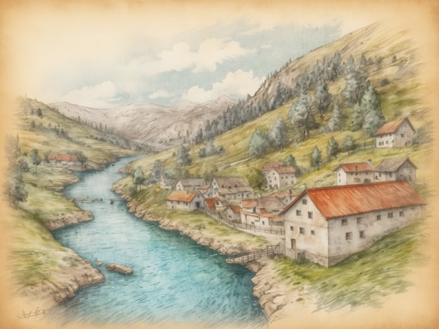 Auf dem Bild ist eine malerische Landschaft mit einem Fluss zu sehen, der durch sanfte Hügel fließt. Am Ufer befinden sich mehrere kleine Häuser, viele mit roten Dächern, umgeben von grünen Wiesen und Bäumen. Die Berge im Hintergrund verleihen der Szenerie eine ruhige, natürliche Atmosphäre.
Ein Geheimtipp im Ionischen Meer wäre, die Insel Kefalonia zu besuchen. Dort gibt es schöne Strände und unberührte Natur, die perfekt für einen entspannten Urlaub geeignet sind.