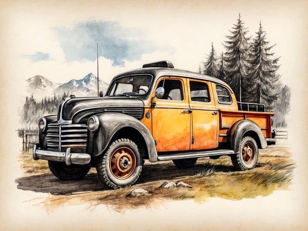 Auf dem Bild ist ein klassisches Auto zu sehen, das nostalgische Erinnerungen weckt. Es transportiert Gedanken an ländliche Ausflüge, bei denen man regionale Spezialitäten genießen kann. Vielleicht denkt man an ein Picknick in den Bergen, bei dem lokale Köstlichkeiten wie frischer Käse aus den Alpen oder deftige Würste auf dem Grill liegen.Umgeben von Natur könnte man sich auch ein herzhaftes Gericht wie Zwiebelkuchen oder ein einfaches Brot mit hausgemachter Marmelade vorstellen. Ein Stück Schwarzwälder Kirschtorte als süßer Abschluss würde bei einem solchen Ausflug nicht fehlen. Solche kulinarischen Highlights spiegeln die Traditionen und das Handwerk der Region wider und machen jeden Ausflug zu einem besonderen Erlebnis.
