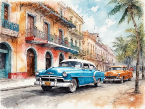 Zwei klassische Autos, ein blauer und ein orangener Oldtimer, fahren eine von Palmen gesäumte Straße entlang. Im Hintergrund sind bunte, koloniale Häuser mit Balkonen und Fensterläden zu sehen, die durch ihre Farben Lebendigkeit ausstrahlen. Der Himmel ist hell und blau, was eine entspannte Urlaubsatmosphäre vermittelt. Das Bild vermittelt das Gefühl eines kulturellen Erlebnisses in Kuba, das die musikalische und historische Vielfalt der Insel widerspiegelt.