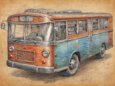 Ein nostalgischer Reisebus in retro Stil, lackiert in Orange und Blau mit silbernen Akzenten. Vorderseite zeigt große Fenster und einen markanten Kühlergrill. Der Bus hat einen rustikalen Charme und steht auf einem beige-gefärbten Hintergrund, der an alte Skizzen erinnert. Das Bild vermittelt ein Gefühl von Abenteuer und Reisen zu günstigen Zielen.