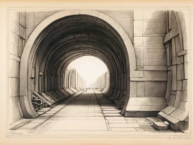 Auf dem Bild ist eine futuristische oder künstlerische Darstellung eines Tunnels oder einer unterirdischen Passage zu sehen. Die Wände haben eine geschwungene Form, und es gibt einen sichtbaren Schienenbereich.In Bezug auf die Entstehung der Höllentalbahn könnte man sagen, dass solch architektonische Strukturen während der Planung und des Baus solcher Bahnen von Bedeutung sind. Die Höllentalbahn, die eine Verbindung durch alpine Regionen herstellt, hat ebenfalls Tunnel und andere ingenieurtechnische Meisterwerke, die für die Anbindung des Gebiets entscheidend sind.