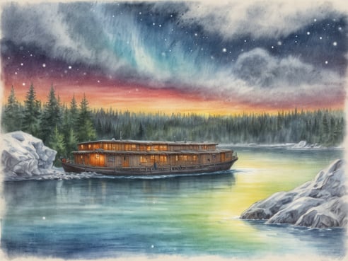 Ein malerisches Bild eines Holzschiffes, das sanft auf einem ruhigen Gewässer gleitet. Im Hintergrund erstrahlt der Himmel in warmen Farben von Orange und Gelb, während das Nordlicht in sanften Grüntönen leuchtet. Umrahmt von dichten Nadelwäldern und beeindruckenden Felsen, spiegelt sich das faszinierende Licht im Wasser wider. Dieses Bild fängt die zauberhafte Atmosphäre eines schwedischen Urlaubs im Land der Mitternachtssonne ein.