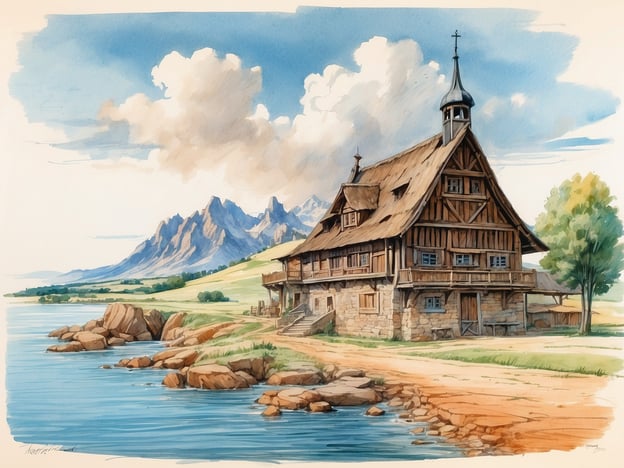 Auf dem Bild ist ein malerisches, traditionelles Haus zu sehen, das an einem ruhigen Wasserlauf steht. Im Hintergrund erheben sich majestätische Berge, während die Szenerie von sanften Hügeln und einigen Bäumen umgeben ist. Diese Darstellung könnte an die ruhige und idyllische Atmosphäre von Hohwacht erinnern, einem kleinen Ort an der Ostsee, der für seine Natur und den charmanten Küstenstil bekannt ist.In Hohwacht spielt die Natur eine zentrale Rolle, und die Verbindung von Wasser, Wald und Strand schafft einen Ort der Entspannung und der Begegnung mit der Vergangenheit. Так wie das Haus auf dem Bild, spiegelt auch Hohwacht die traditionsreiche Bauweise und die harmonische Integration in die Landschaft wider.