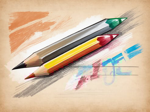 Zwei Buntstifte liegen übereinander auf einem beigen Hintergrund. Der obere Stift ist grün, der untere Stift hat eine rote Spitze. Um die Stifte herum sind bunte, künstlerische Striche in verschiedenen Farben zu sehen, die einen kreativen Eindruck vermitteln. Der Hintergrund hat leichte Struktur und Farbverläufe, die den künstlerischen Charakter des Bildes unterstreichen.