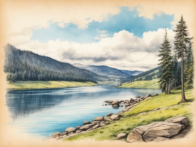 Auf dem Bild ist eine malerische Landschaft mit einem ruhigen See zu sehen, umgeben von sanften Hügeln und Wäldern. Die Berge im Hintergrund sind teilweise bewölkt und verleihen der Szene eine traumhafte Atmosphäre.**Besondere Haltepunkte und Sehenswürdigkeiten entlang der Strecke**:1. **Waldstücke**: Die dichten Nadelwälder könnten Heimat für viele Tierarten sein und laden zu Wanderungen ein.2. **Uferpromenade**: Ein Spaziergang entlang des Sees bietet eine entspannte Möglichkeit, die Natur zu genießen und die Aussicht zu bestaunen.3. **Aussichtspunkte**: In den umliegenden Hügeln sind wahrscheinlich verschiedene Aussichtspunkte, die atemberaubende Panoramen der Umgebung bieten.4. **Aktivitäten**: Möglichkeiten zum Angeln, Bootfahren oder einfach nur Entspannen am Wasser sind hier präsent.Diese Landschaft strahlt Ruhe und Naturnähe aus, ideal für Naturliebhaber und Erholungssuchende.