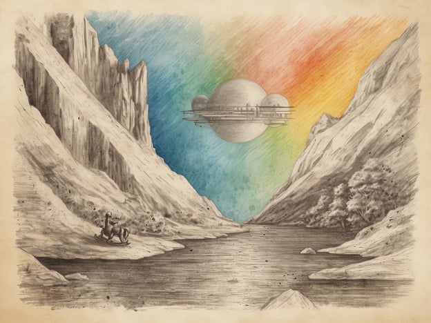 Auf dem Bild ist eine beeindruckende Landschaft zu sehen, die von steilen, schroffen Felsen umgeben ist. Im Vordergrund sitzt eine Person auf einem Pferd, was eine nostalgische und abenteuerliche Stimmung erzeugt. Der Fluss, der durch die Szene fließt, lädt zur Erkundung und Entdeckung ein. Über der Szenerie schwebt ein futuristisches Raumschiff, das an Geheimnisse und aufregende Abenteuer erinnert.
Diese Darstellung weckt die Faszination der Schatzsuche, da sie die Vorstellung von unerforschten Orten und verborgenen Schätzen hervorruft. Die bunten Farbverläufe im Himmel versprechen neue Horizonte und Möglichkeiten jenseits des Gewöhnlichen, während die ruhige Wasseroberfläche im Fluss gleichzeitig zur Besinnung und zum Träumen einlädt. Der Kontrast zwischen der scheinbar friedlichen Landschaft und dem unbekannten, schwebenden Raumschiff lässt die Fantasie über potenzielle Abenteuer und die Suche nach Schätzen in fernen Welten lebendig werden.