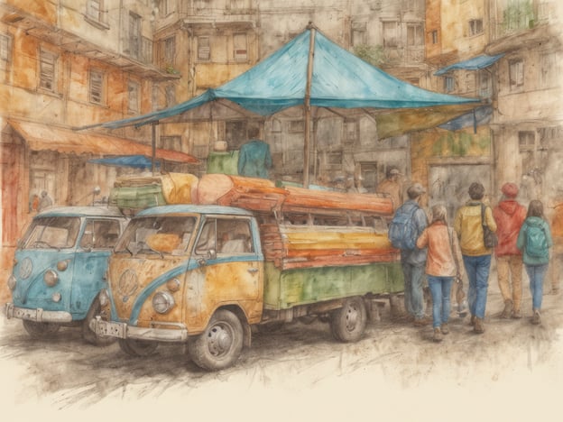 Auf dem Bild sind zwei bunte Kleinwagen, wahrscheinlich VW-Busse, zu sehen, die mit verschiedenen Lasten beladen sind. Neben den Fahrzeugen steht eine Gruppe von Menschen, die sich anscheinend unterhalten oder den Markt erkunden. Im Hintergrund sieht man ein lebhaftes Stadtbild mit mehrstöckigen Gebäuden und einem blauen Sonnenschutz, der über einem Markt oder einem Verkaufsstand aufgespannt ist.
Skulpturenparks sind oft Orte der Begegnung, wo Kunst im Freien aufgestellt wird und die Natur mit kreativen Ausdrucksformen verbunden wird. Sie bieten Menschen die Möglichkeit, Kunstwerke in einem natürlichen Umfeld zu erleben und dabei die Kultur und Kreativität einer Gemeinschaft zu feiern. In diesem Sinne zeigt das Bild ebenfalls eine Art von lebendiger urbaner Kultur, die durch den Austausch zwischen Menschen und ihrer Umgebung geprägt ist.