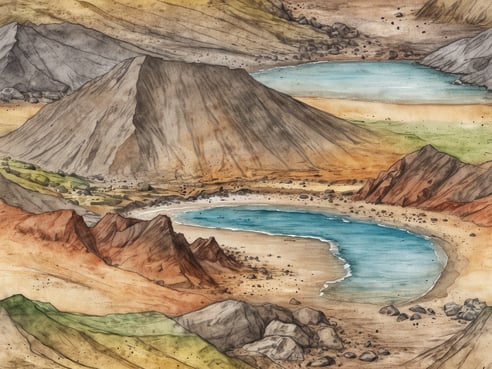 Eine beeindruckende Darstellung einer vulkanischen Landschaft auf Lanzarote, die von sanften Hügeln und steilen Berghängen geprägt ist. Im Vordergrund erstreckt sich ein heller Sandstrand, umgeben von türkisblauem Wasser, das sanft auf die Küste trifft. Die Umgebung zeigt eine Vielzahl von erdigen Tönen, von warmen Brauntönen bis hin zu satten Grüntönen, die die einzigartige Natur der Insel widerspiegeln. Im Hintergrund erheben sich majestätische Berge und vulkanische Formationen, die die geologische Vielfalt Lanzarotes verdeutlichen.