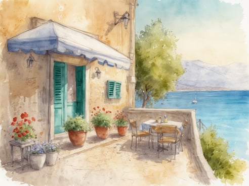Eine malerische Terrasse mit einem kleinen Tisch und Stühlen steht vor einem hellen Gebäude mit blauen Fensterläden. Die Terrasse ist mit bunten Blumentöpfen geschmückt, die lebendige Blumen zeigen. Im Hintergrund erstreckt sich ein glitzerndes blaues Wasser mit einigen Booten und sanften Hügeln in der Ferne. Ein strahlender Himmel und weiche Wolken vervollständigen die idyllische Szene, die an einen entspannten Urlaub auf Korfu erinnert.