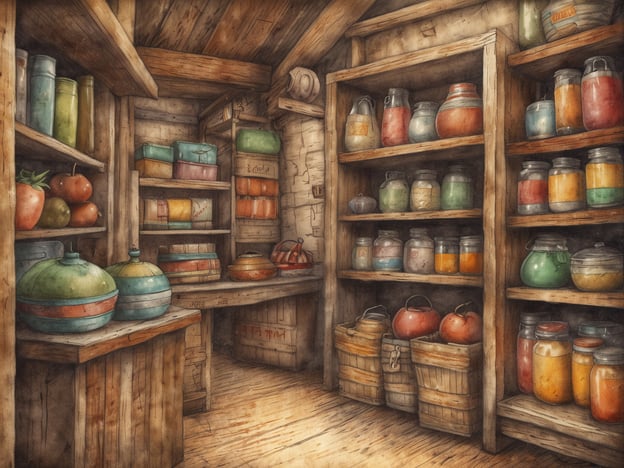 Auf dem Bild ist eine rustikale Abstellkammer zu sehen, die mit verschiedenen Vorräten gefüllt ist. Die Regale sind reichlich mit farbigen Gläsern, Töpfen und Obst, insbesondere Tomaten, bestückt. Diese Mischung aus traditionellem Handwerk und ländlicher Gemütlichkeit spiegelt die Vielfalt und Authentizität der Chiemgauer Märkte wider, wo lokale Produkte und handwerkliche Köstlichkeiten im Mittelpunkt stehen. Die Holzmöbel und die warmen Farben verleihen dem Raum eine einladende Atmosphäre.