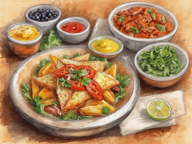 Auf dem Bild sind verschiedene kulinarische Highlights zu sehen. Im Zentrum steht ein Teller mit knusprigen Teigtaschen, die mit frischen Tomatenscheiben und Kräutern garniert sind. Dazu liegen einige Penne-Nudeln und frisches Grün.
Rundherum befinden sich mehrere Schalen mit verschiedenen Saucen und Beilagen: Blaubeeren, eine cremige gelbe Sauce, Ketchup, Senf und ein frisches Kraut. Ein Stück Limette ergänzt das Ganze und verspricht eine erfrischende Note. Die Kombination aus herzhaften und frischen Zutaten macht das Gericht besonders ansprechend.
