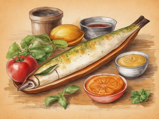 Auf dem Bild sieht man eine ansprechend angerichtete kulinarische Szene. Im Mittelpunkt liegt ein gegrillter Fisch, der auf einem Holzteller serviert wird. Um den Fisch herum befinden sich verschiedene frische Zutaten und Beilagen.
Es sind ein roter Apfel und eine orangefarbene Orange zu sehen, die fruchtige Aromen versprechen. Außerdem gibt es kleinere Schalen mit verschiedenen Saucen, darunter eine gelbe Senfsauce und eine dunklere Sauce, die möglicherweise für Dip-Zwecke gedacht sind. Ein paar frische Kräuter, wie Basilikum, runden das Arrangement ab und verleihen dem Gericht zusätzliche Frische und Farbe. Diese Kombinationen könnten auf ein köstliches und gesundes Gericht hindeuten, das sowohl optisch als auch geschmacklich begeistert.