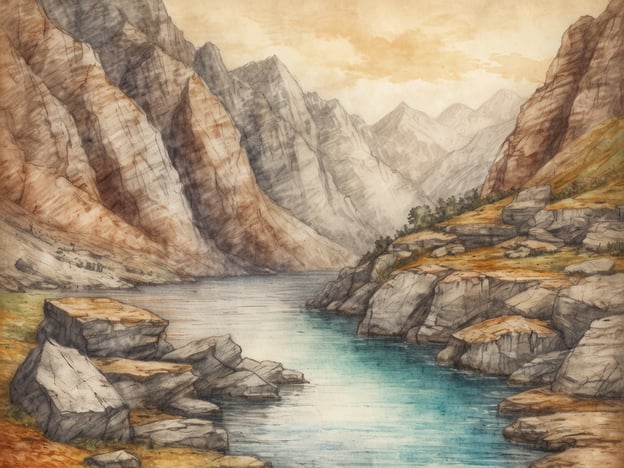 Das Bild zeigt eine malerische Landschaft mit majestätischen Bergen, die sich imposant in den Himmel erheben. Die Farben sind sanft und harmonisch, mit harmonischen Erdtönen und einem beruhigenden Blau des Gewässers.
Besonderheiten und Highlights:
- **Berge**: Die steilen, schroffen Felsen weisen viele Texturen und Schatten auf, die Tiefe und Dimension verleihen.
- **Gewässer**: Der Fluss oder See im Vordergrund hat ein lebhaftes, türkises Wasser, das einen schönen Kontrast zu den Erdtönen der Umgebung bildet.
- **Felsen**: Im Vordergrund sind große, glatte Felsen sichtbar, die teilweise von grünem Gras umgeben sind und die natürliche Schönheit der Landschaft hervorheben.
- **Natur**: Im Hintergrund sind zarte Wolken am Himmel zu sehen, die eine friedliche Atmosphäre schaffen.
Insgesamt vermittelt das Bild ein Gefühl von Ruhe und Erhabenheit in der Natur.
