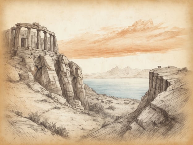 Auf dem Bild ist eine Darstellung einer Landschaft mit antiken Ruinen zu sehen. Die Ruinen scheinen eine Art Tempel oder Struktur mit Säulen zu sein, und sie befinden sich auf einer felsigen Erhebung. Im Hintergrund ist ein ruhiges Gewässer und eine Berglandschaft visible. Der Himmel zeigt eine Farbvariation von sanften Orangetönen, was auf einen Sonnenuntergang oder Sonnenaufgang hindeuten könnte.
Im Zusammenhang mit „Alpspix“ könnten wir sagen, dass das Bild eine ähnliche Inspiriation für atemberaubende Landschaftsblicke und historische Stätten bietet, wie man sie auch in den Alpen finden könnte. Alpspix ist bekannt für seinen Ausblick über die Alpen und ähnliche natürliche und kulturelle Schönheit, die man in der dargestellten Szene erkennen kann.