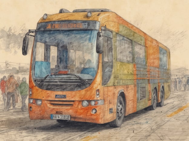 Auf dem Bild ist ein Bus zu sehen, der in verschiedenen Farben, hauptsächlich orange und grün, gestaltet ist. Der Bus steht an einem Ort, wo sich mehrere Personen in der Nähe versammeln, möglicherweise an einer Haltestelle oder einem Bahnhof.
In Bezug auf Anreise und Erreichbarkeit deutet das Bild darauf hin, dass der Bus eine Transportmöglichkeit bietet, um verschiedene Orte zu erreichen. Die Anwesenheit von Personen lässt vermuten, dass dieser Bus eine wichtige Rolle im öffentlichen Nahverkehr spielt und wahrscheinlich regelmäßig verkehrt, um Fahrgäste zu den gewünschten Zielen zu bringen.