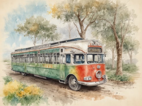 Ein vintage Bus steht auf einer staubigen Straße, umgeben von hohen Bäumen und einem leichten Blau des Himmels. Der Bus ist großformatig und hat eine auffällige grün-orange Farbgebung, mit einem charakteristischen runden Grill und großen Fenstern. Die Szenerie wird von sanften, aquarellartigen Farbtönen geprägt, was eine nostalgische und ruhige Atmosphäre schafft. Blühendes Gras und gelbe Blumen sind im Vordergrund sichtbar und ergänzen die friedliche Landschaft.
