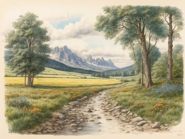 Auf dem Bild ist eine wunderschöne Landschaft mit einem klaren, fließenden Bach zu sehen, der durch eine Wiese mit bunten Blumen und Bäumen fließt. Im Hintergrund erheben sich majestätische Berge unter einem teils bewölkten Himmel.Der Schluchtensteig im Schwarzwald ist ein bekannter Wanderweg, der sich durch eine beeindruckende Naturlandschaft erstreckt. Er führt durch spektakuläre Schluchten, tiefe Wälder und vorbei an reizvollen Aussichtspunkten. Der Weg ist besonders bei Naturliebhabern und Wanderern beliebt, die die Schönheit der Natur und die Ruhe der Umgebung genießen möchten.