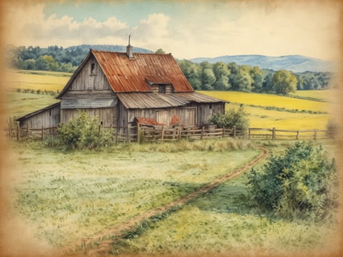 Eine malerische Szene zeigt ein altes, rustikales Bauernhaus mit einem roten Blechdach. Das Gebäude ist aus Holz und umgeben von einem gepflegten Grundstück mit einer niedrigen Holzlattenzaun. Im Hintergrund erstrecken sich saftig grüne Wiesen und hügelige Landschaften, während leuchtend gelbe Felder die Idylle vervollständigen. Ein schmaler Pfad führt vom Haus in die Weite der Natur, und im Himmel sind sanfte Wolken zu sehen, die für eine ruhige, entspannte Atmosphäre sorgen.