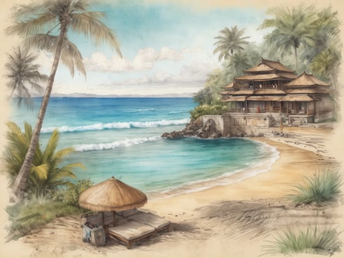 Ein einladender Strand mit sanften Wellen, die an den goldenen Sand schlagen. Am Ufer steht eine Liege mit einem Sonnenschirm, daneben ein kleiner Tisch mit Flip-Flops und einer Tasche. Im Hintergrund befindet sich ein luxuriöses, traditionelles Gebäude mit einem Balkon und luzider Architektur, umgeben von grünen Palmen und einer atemberaubenden Aussicht auf das Meer unter einem blauen Himmel mit wenigen Wolken. Diese tropische Szenerie vermittelt das Gefühl von Entspannung und perfektem Urlaub.