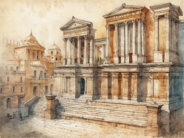 Auf dem Bild ist eine architektonische Szene zu sehen, die durch massive, klassizistische Säulen und Stufen geprägt ist. Das Gebäude zeigt eindrucksvoll die Verwendung von korinthischen Säulen, die Eleganz und Stabilität ausstrahlen. Die Frontfassade ist mit detailreichen Elementen verziert, während der Eingang durch eine rote Tür akzentuiert wird.
Im Hintergrund erkennt man weitere Gebäude mit kuppelartigen Dachkonstruktionen, was auf eine harmonische Verbindung verschiedener architektonischer Stile hinweist. Die sanfte Farbgebung der Aquarelltechnik vermittelt eine nostalgische Atmosphäre, die den historischen Charakter der Szene unterstreicht. Insgesamt reflektiert das Bild die Schönheit klassischer Architektur und die Kunstfertigkeit ihrer Gestaltung.