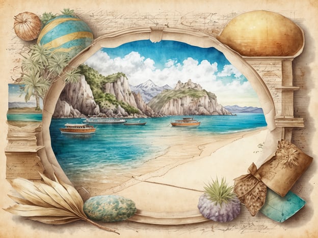 Auf dem Bild ist eine idyllische Küstenlandschaft zu sehen, die durch einen stilisierten Rahmen präsentiert wird. Die Szenerie erinnert an eine Postkarte aus einem tropischen Urlaubsort. Im Vordergrund erstreckt sich ein feiner Sandstrand, der sanft ins türkisfarbene Wasser übergeht, ähnlich wie in einem Karibikurlaub.
In der Ferne sieht man beeindruckende Felsen und Berge, die an eine ruhige, unberührte Natur erinnern, vergleichbar mit einem Rückzugsort in den Alpen, nur dass hier das Wasser und die tropische Vegetation dominieren.
Boote schwimmen friedlich auf dem Wasser, was an eine entspannte Bootsfahrt am Sonntag erinnert. Rund um den Rand des Rahmens sind tropische Elemente wie Pflanzen, Muscheln und kunstvolle Dekorationen angeordnet, was dem Bild einen zusätzlichen, einladenden Charme verleiht – fast so, als würde es den Betrachter einladen, selbst Teil dieser friedlichen Landschaft zu werden.