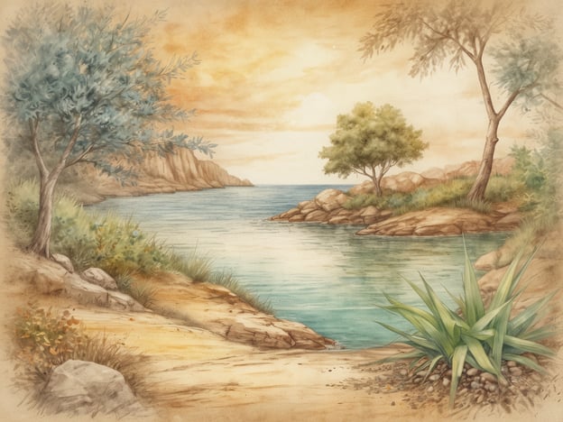 Auf dem Bild ist eine idyllische Küstenlandschaft zu sehen, die von sanften Hügeln und einem ruhigen Wasser umgeben ist. Die Farbpalette in sanften Tönen vermittelt eine friedliche Atmosphäre, während die Bäume und Pflanzen das Bild lebendig machen.Wenn man nach Naturschätzen abseits der Touristenpfade sucht, könnte man solche landschaftlichen Szenen in weniger bekannten Küstenregionen oder kleinen Buchten finden, die durch ihre unberührte Natur bestechen. Orte wie abgelegene Strände oder versteckte Wanderwege bieten oft atemberaubende Ausblicke und eine ruhige Umgebung, die ideal sind, um die Natur in ihrer Ehrfurcht zu erleben.