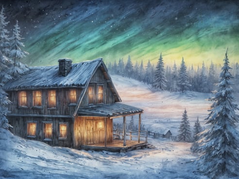 Eine gemütliche Holzskandinavische Hütte steht in einer verschneiten Landschaft, umgeben von hohen, schneebedeckten Tannen. Die Fenster der Hütte strahlen warmes Licht aus, während der Himmel über der Szenerie in sanften Grüntönen leuchtet, was auf das Vorhandensein von Nordlichtern hinweist. Im Hintergrund sind weitere Bäume und Hütten zu sehen, die das winterliche Bild vervollständigen. Die gesamte Atmosphäre vermittelt ein Gefühl von Ruhe und Magie, ideal für einen unvergesslichen Urlaub in Lappland.