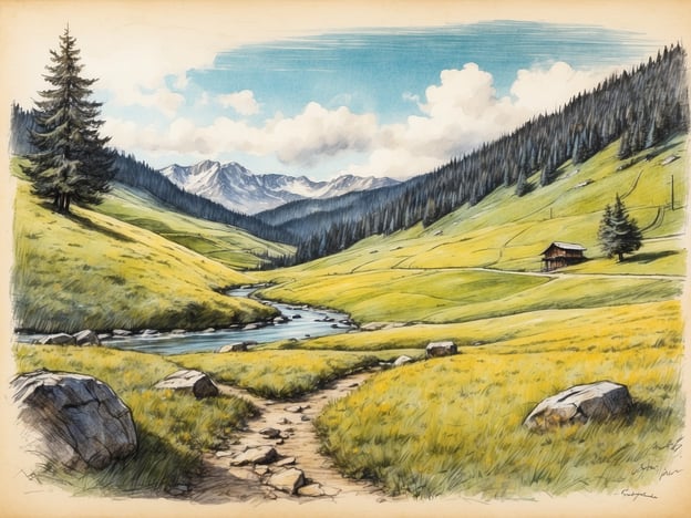 Auf dem Bild ist eine malerische Landschaft mit sanften Hügeln, einem kleinen Bach und einer Holzautarkie zu sehen. Im Hintergrund erheben sich majestätische Berge, während der Himmel leicht bewölkt ist.Hier sind einige Tipps für eine sichere und positive Wandererfahrung:1. **Vorbereitung:** Informiere dich über die Route und das Wetter. Plane deine Wanderung im Voraus.2. **Ausrüstung:** Trage bequeme Wanderschuhe und kleide dich den Wetterbedingungen entsprechend. Ein Rucksack mit Wasser und Snacks ist ebenfalls wichtig.3. **Bleibe auf den Wegen:** Halte dich an markierte Wanderwege, um die natürliche Umgebung zu schützen und dich nicht zu verirren.4. **Sicherheit:** Informiere jemanden über deinen Standort und deine geplante Rückkehrzeit.5. **Umwelt:** Respektiere die Natur, indem du keinen Müll hinterlässt und Wildtiere aus der Ferne beobachtest.6. **Genieße die Aussicht:** Nimm dir Zeit, um die Schönheit der Landschaft zu genießen und Pausen einzulegen.So wird deine Wanderung sowohl sicher als auch angenehm!