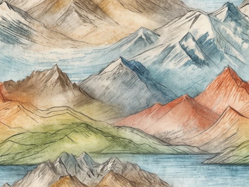 Das Bild zeigt eine malerische Landschaft mit Bergen in verschiedenen Farben und Formen, die im Hintergrund schneebedeckte Gipfel aufweisen. Im Vordergrund verlaufen sanfte Hügel in Grüntönen, während ein ruhiger See die Szene ergänzt. Die Farbtöne variieren von warmen Erdfarben bis zu kühlen Blauschattierungen, was eine harmonische Verbindung von Natur und Ruhe darstellt, ideal für einen Urlaub in Österreich zu jeder Jahreszeit.