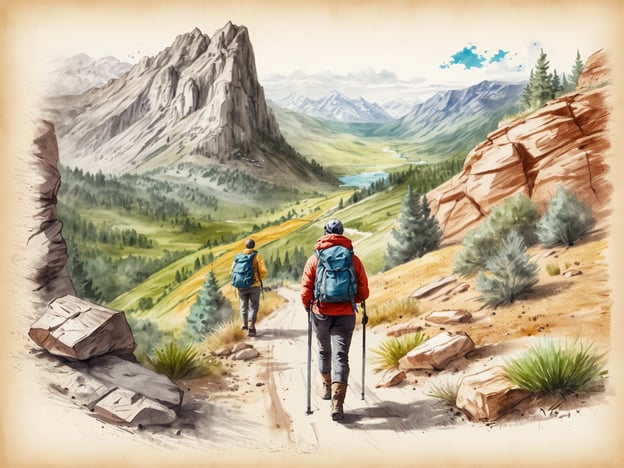 Auf dem Bild sind zwei Wanderer zu sehen, die auf einem malerischen Wanderweg durch eine beeindruckende Berglandschaft gehen. Die Umgebung ist geprägt von majestätischen Bergen, grünen Tälern und einem klaren Fluss, der durch die Landschaft fließt.Diese Szenerie lädt zu einzigartigen Aktivitäten für besondere Erlebnisse ein, wie zum Beispiel geführte Wanderungen mit einem Naturführer, bei denen man mehr über die Flora und Fauna der Region erfahren kann. Alternativ könnte man einen Fotografiekurs in der Natur buchen, um die spektakulären Ausblicke festzuhalten. Auch das Organisieren eines besonderen Campingerlebnisses unter dem Sternenhimmel wäre eine unvergessliche Option. Hier könnten die Wanderer nach einem langen Tag in der Natur ein Lagerfeuer genießen und Geschichten austauschen.